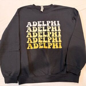 Gildan Black Adelphi University Crewneck Sweater with Yellow and White Text